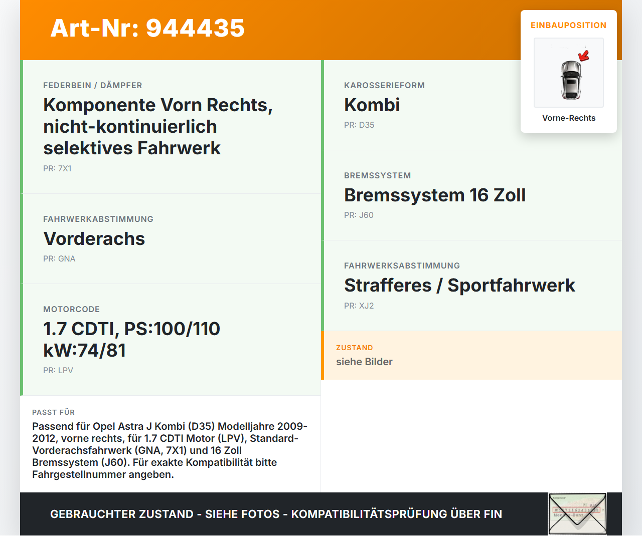 Opel Astra J 09-12 Kombi Stossdämpfer Federbein Vorne Rechts Opel Astra J 09-12 31.03.2011 13354014 422267257 gebraucht Vorschau 3