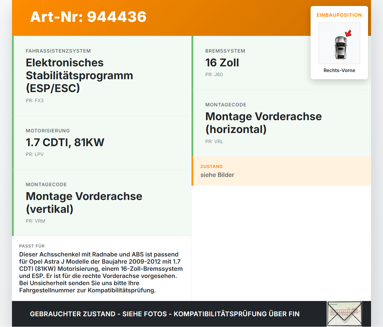 Opel Astra J 09-12 1,7 81KW Achsschenkel Radnabe mit ABS Rechts Vorne Opel Astra J 09-12 31.03.2011 13319483... Vorschau 3