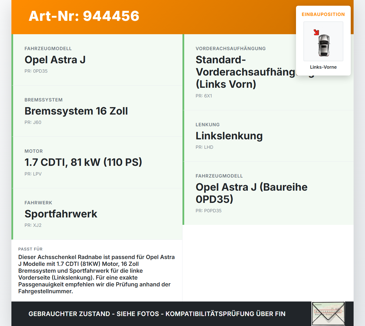 Opel Astra J 09-12 1,7 81KW Achsschenkel Radnabe Links Vorne Opel Astra J 09-12 31.03.2011 13319482 3081050 gebraucht Vorschau 3