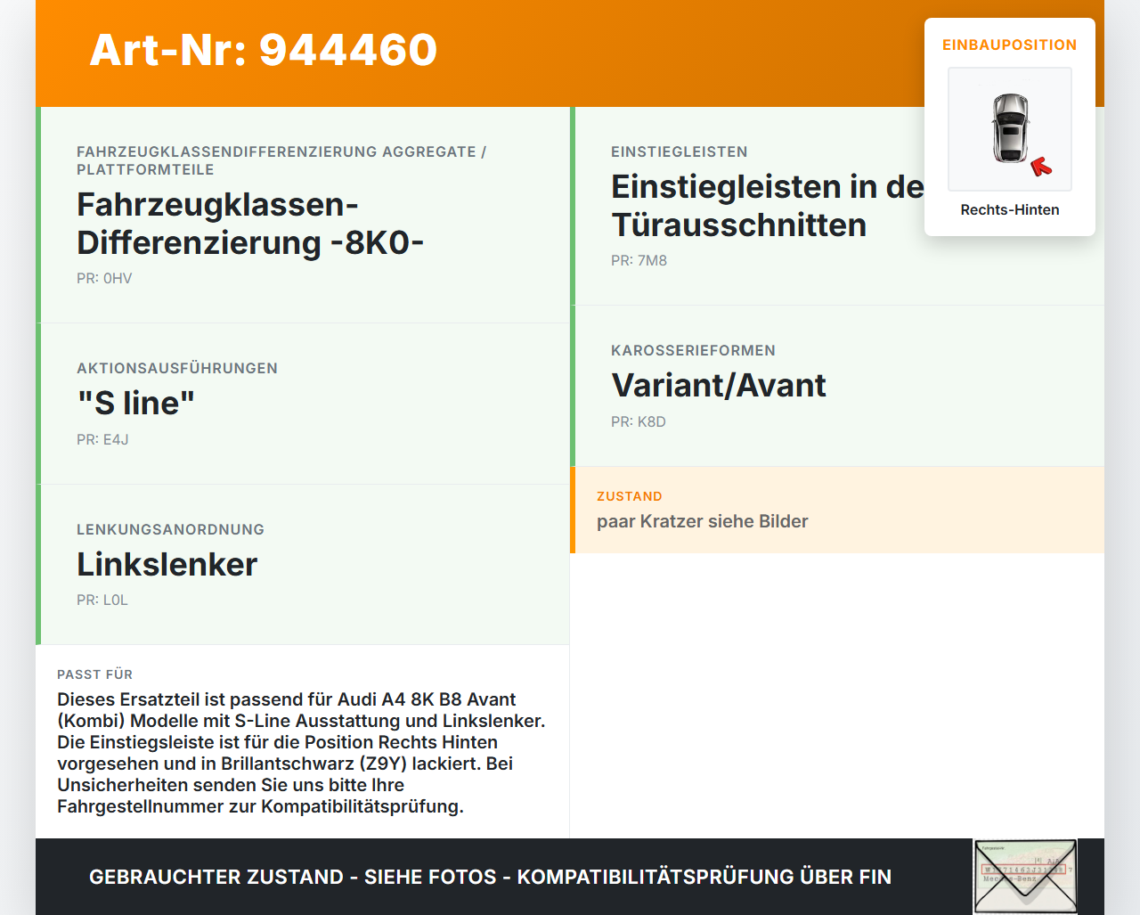 Audi A4 8K B8 07-11 Kombi Einstiegsleiste Rechts Hinten S-Line Audi A4 8K B8 07-11 29.10.2009 8K0853376B gebraucht Vorschau 3