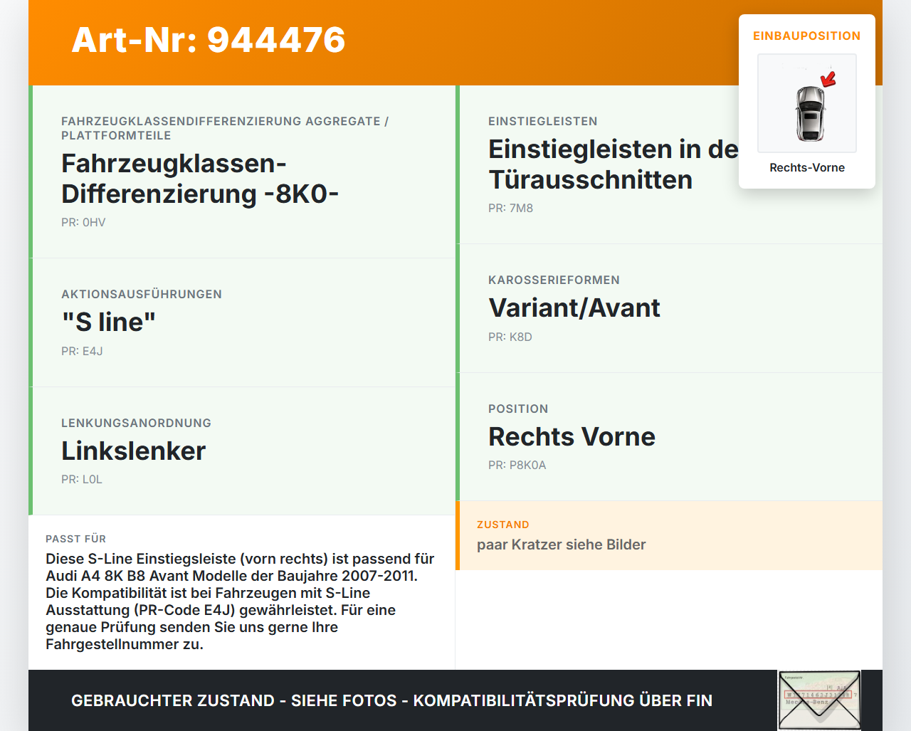 Audi A4 8K B8 07-11 Kombi Einstiegsleiste Rechts Vorne S-Line Audi A4 8K B8 07-11 29.10.2009 8K0853374B 8K0853374... Vorschau 3