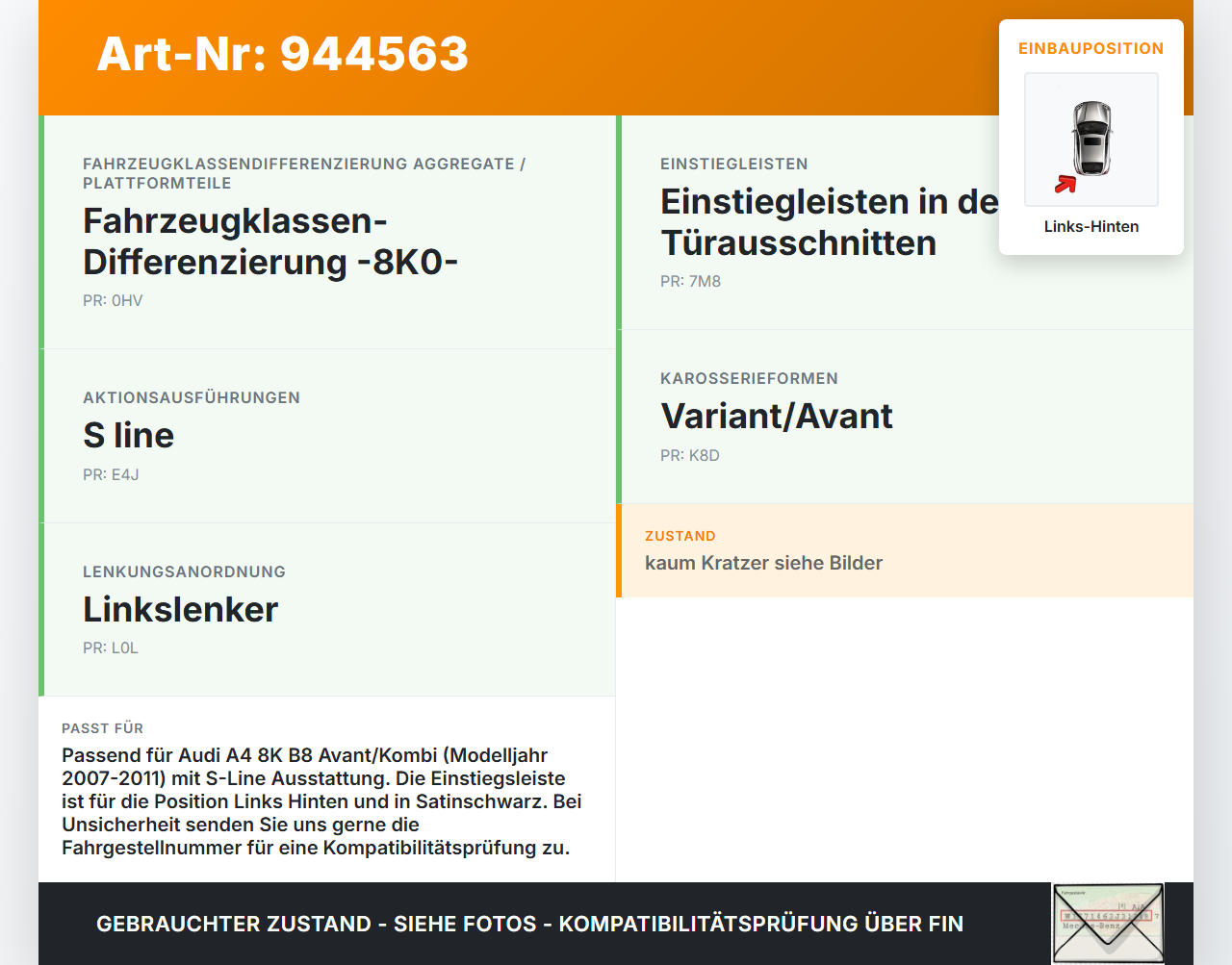 Audi A4 8K B8 07-11 Kombi Einstiegsleiste Links Hinten S-Line Audi A4 8K B8 07-11 29.10.2009 8K0853375B... Vorschau 3
