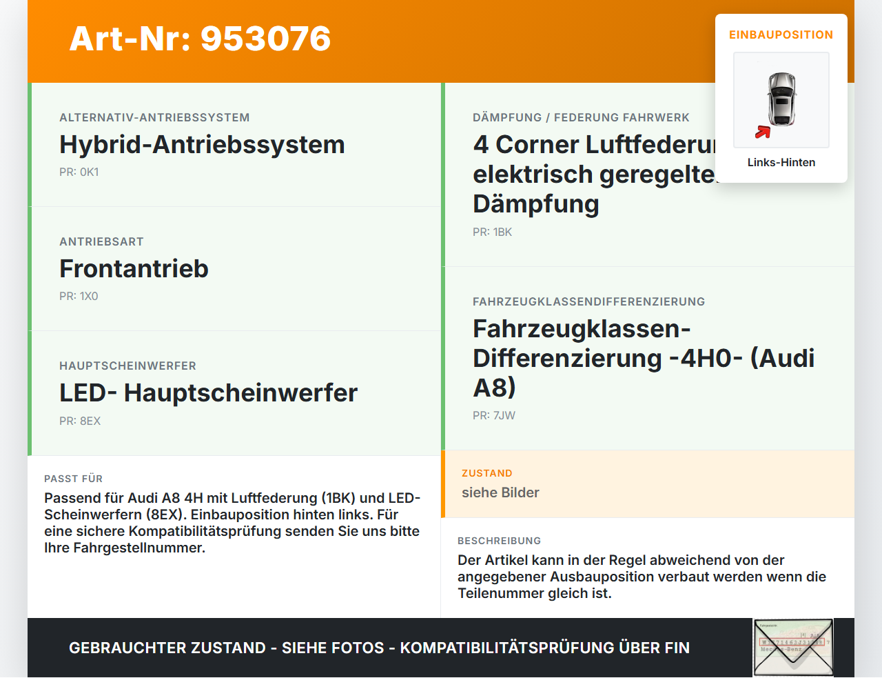 Audi A8 4H D4 09-17 Xenon LWR Sensor Neigung Links Hinten Audi A8 4H D4 09-17 25.04.2012 4H0941309C 4H0907503... Vorschau 3
