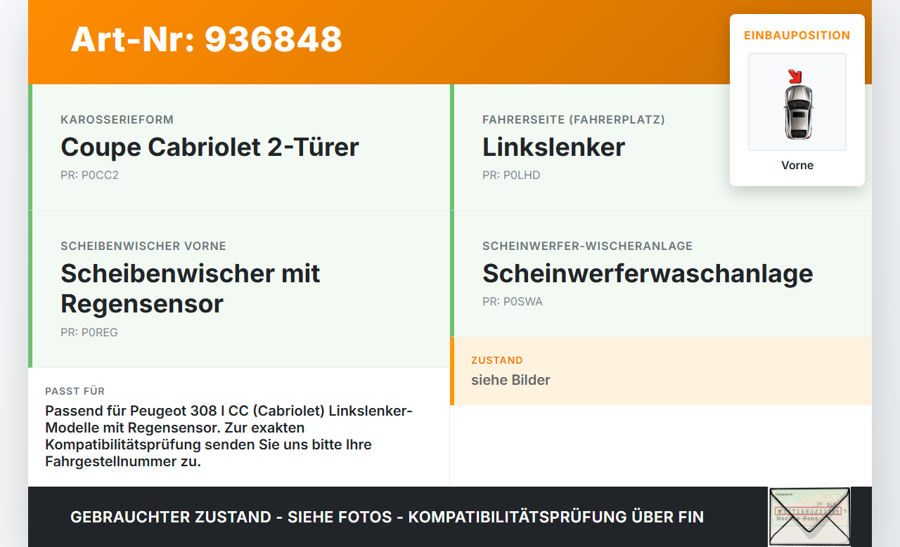 Peugeot 308 I CC 11-15 2x Scheibenwischer Wischarm Vorne Peugeot 308 I CC 11-15 31.07.2013 6429EL gebraucht Vorschau 3