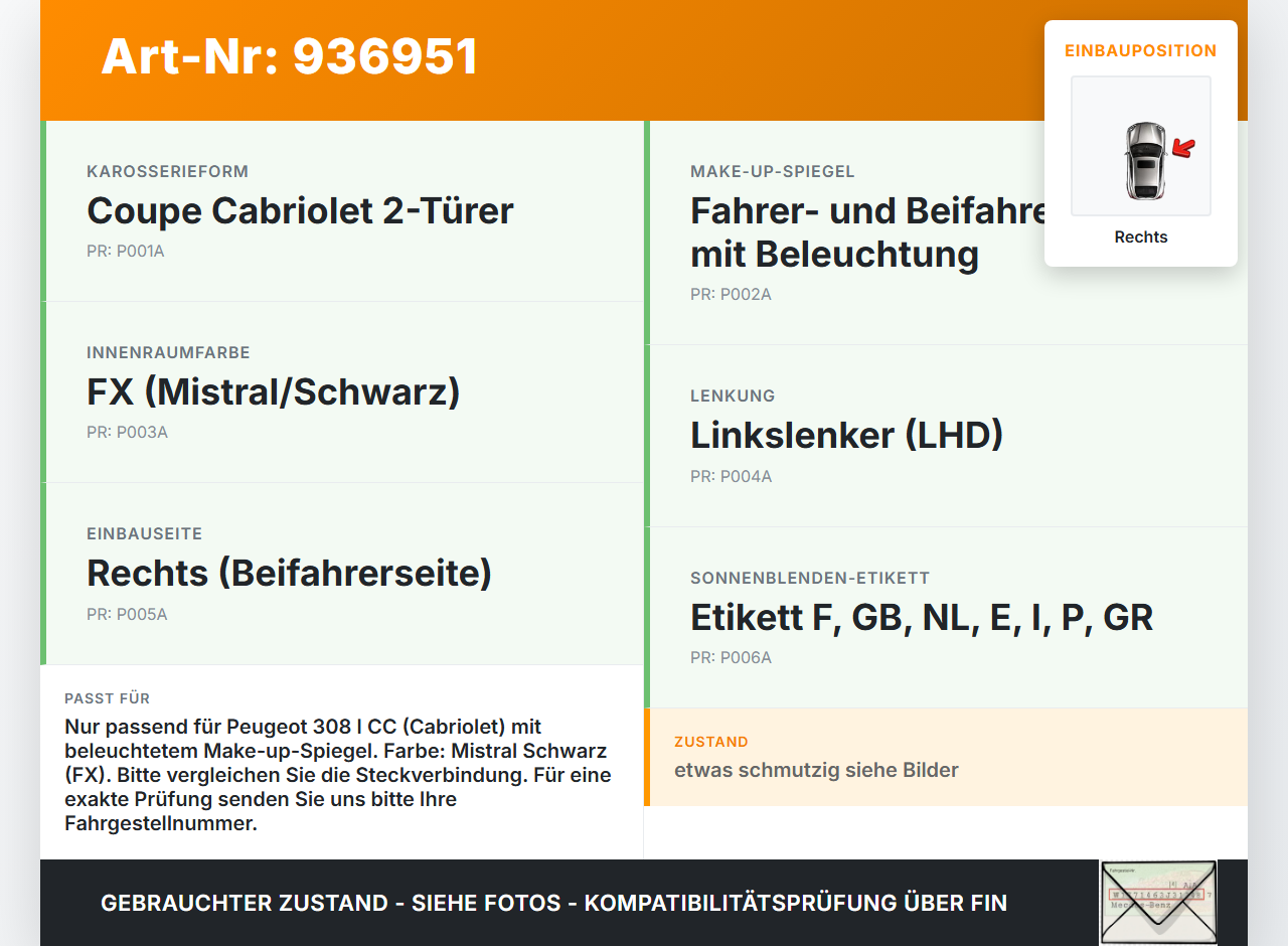 Peugeot 308 I CC 11-15 Sonnenblende Rechts für Beifahrer Peugeot 308 I CC 11-15 31.07.2013 gebraucht Vorschau 3