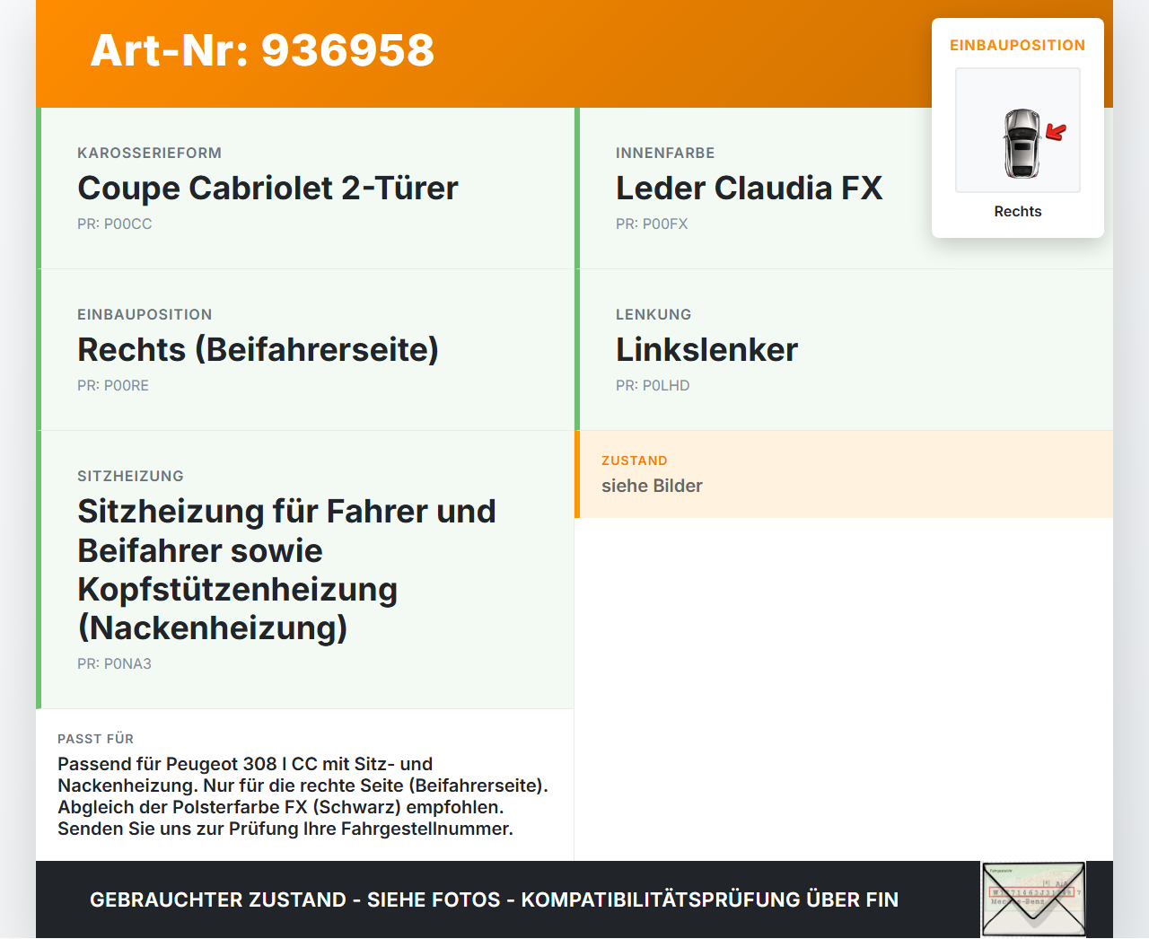 Peugeot 308 I CC 11-15 Schalter Regler für Sitzheizung Rechts Peugeot 308 I CC 11-15 31.07.2013 96639453XT gebraucht Vorschau 3
