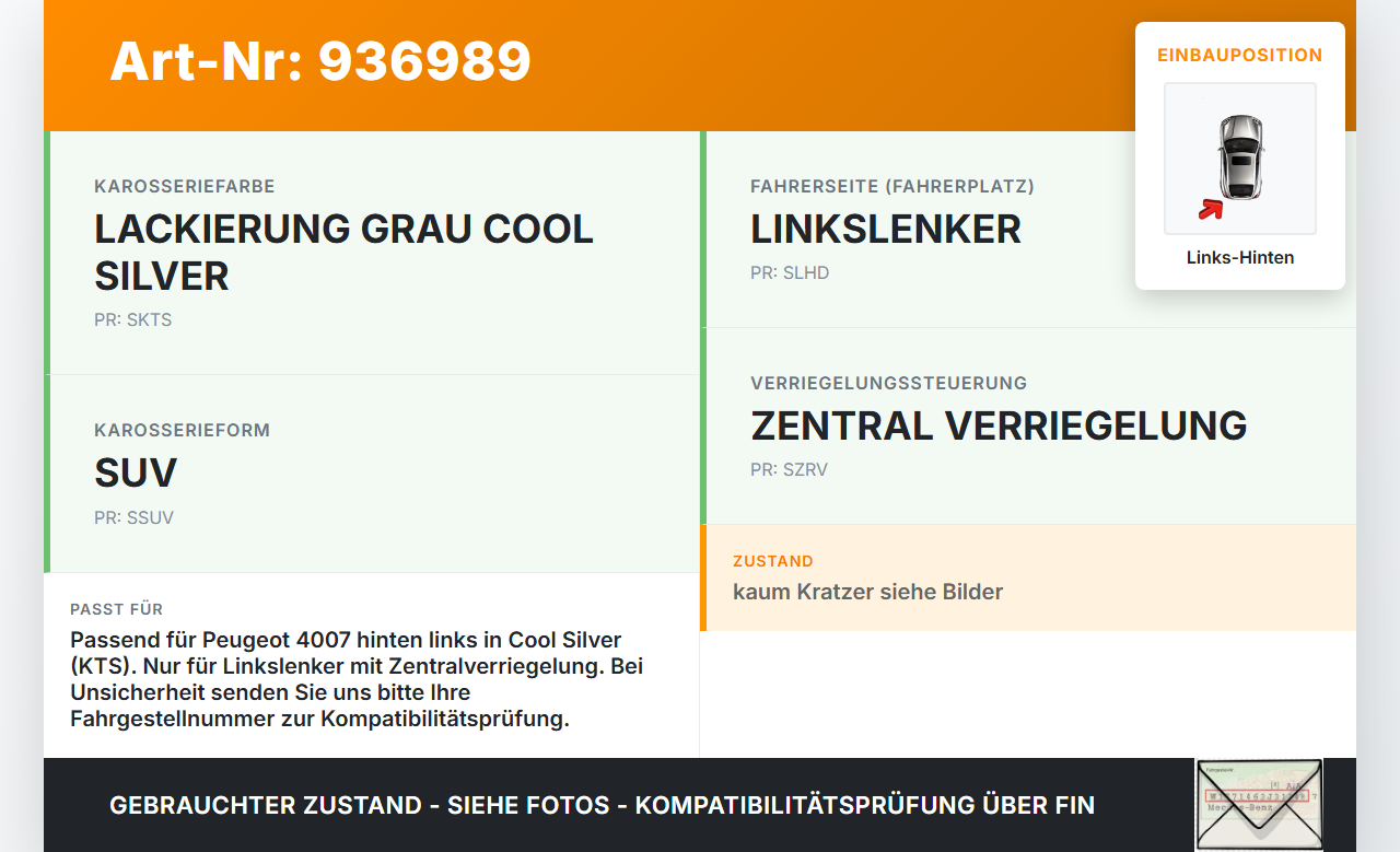 Peugeot 4007 07-12 Türgriff Griff aussen Links Hinten KTS Peugeot 4007 07-12 09.05.2012 9101FP gebraucht Vorschau 3