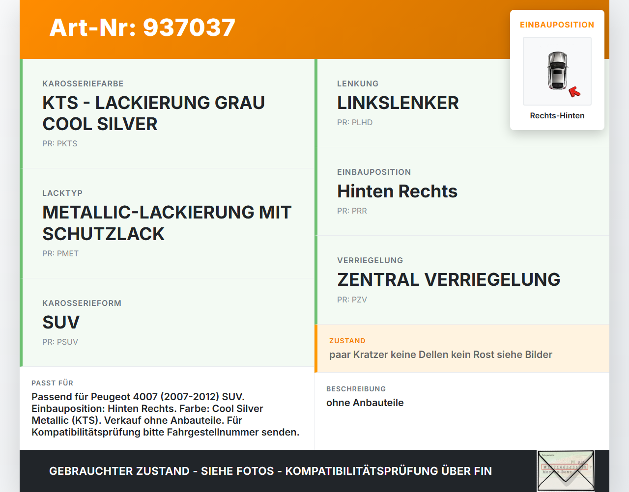 Peugeot 4007 07-12 Tür Rechts Hinten KTS Peugeot 4007 07-12 09.05.2012 901294 gebraucht Vorschau 3