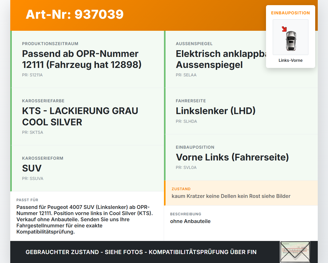 Peugeot 4007 07-12 Tür Fahrertür Links Vorne KTS Peugeot 4007 07-12 09.05.2012 9010L2 gebraucht Vorschau 3