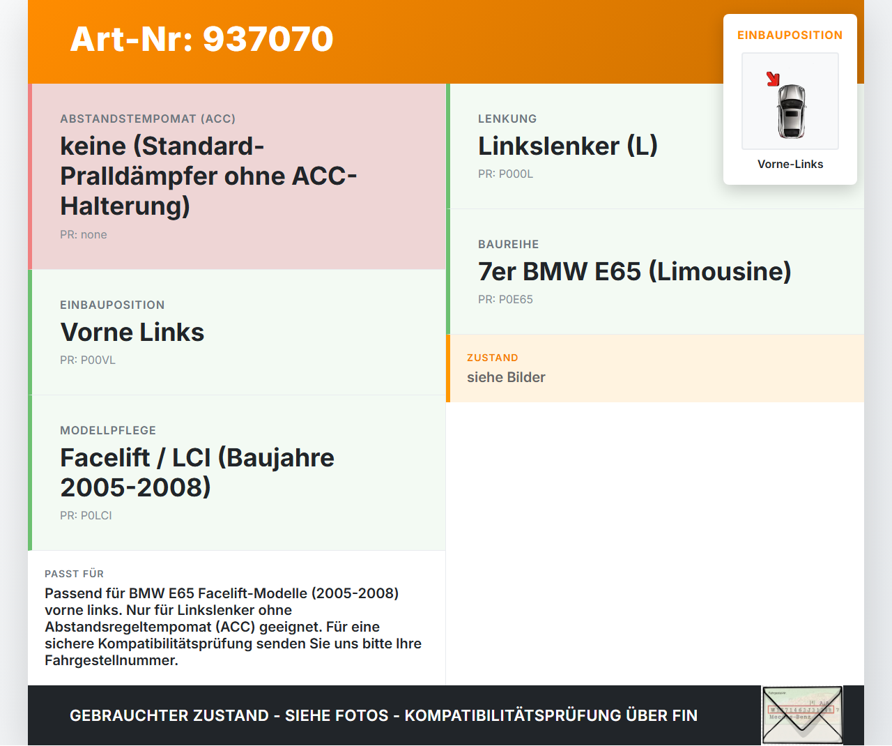 BMW E65 740i 05-08 Pralldämpfer für Träger Stoßstange Vorne Links BMW E65 740i 05-08 15.10.2007 gebraucht Vorschau 3
