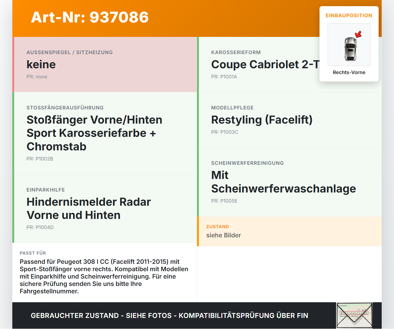 Peugeot 308 I CC 11-15 Cabriolet Halter Träger Aufnahme Führung für Stoßstange Rechts Vorne Peugeot 308 I CC 11-15... Vorschau 3