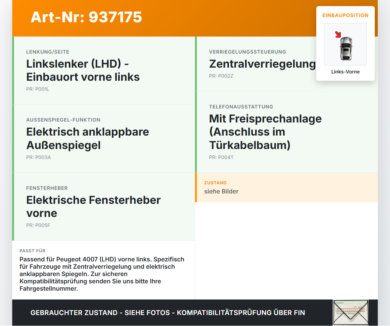 Peugeot 4007 07-12 Kabelbaum Tür und Fensterheber Links Vorne Peugeot 4007 07-12 09.05.2012 8512B972 gebraucht Vorschau 3