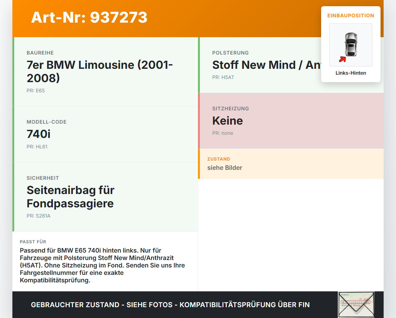 BMW E65 740i 05-08 Kopfstütze Links Hinten BMW E65 740i 05-08 15.10.2007 gebraucht Vorschau 3