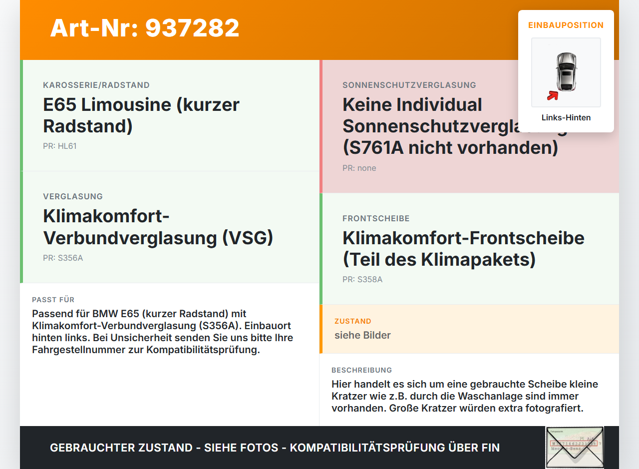 BMW E65 740i 05-08  Kurz LH Dreieck Seitenscheibe VSG Scheibe Links Hinten BMW E65 740i 05-08 15.10.2007 7003221... Vorschau 3