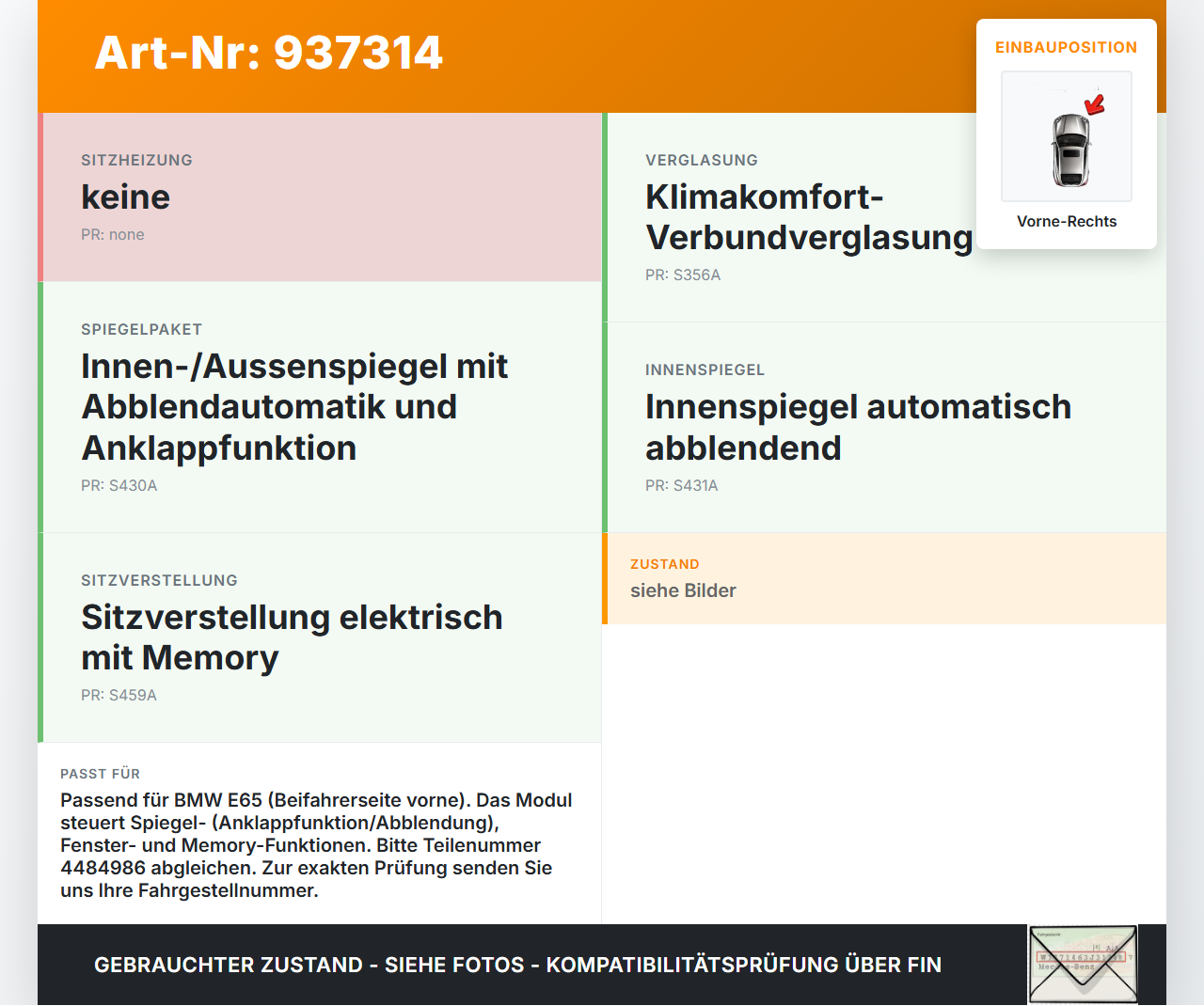 BMW E65 740i 05-08 Steuergerät SG Vorne Rechts BMW E65 740i 05-08 15.10.2007 4484986-01 G5003C gebraucht Vorschau 3