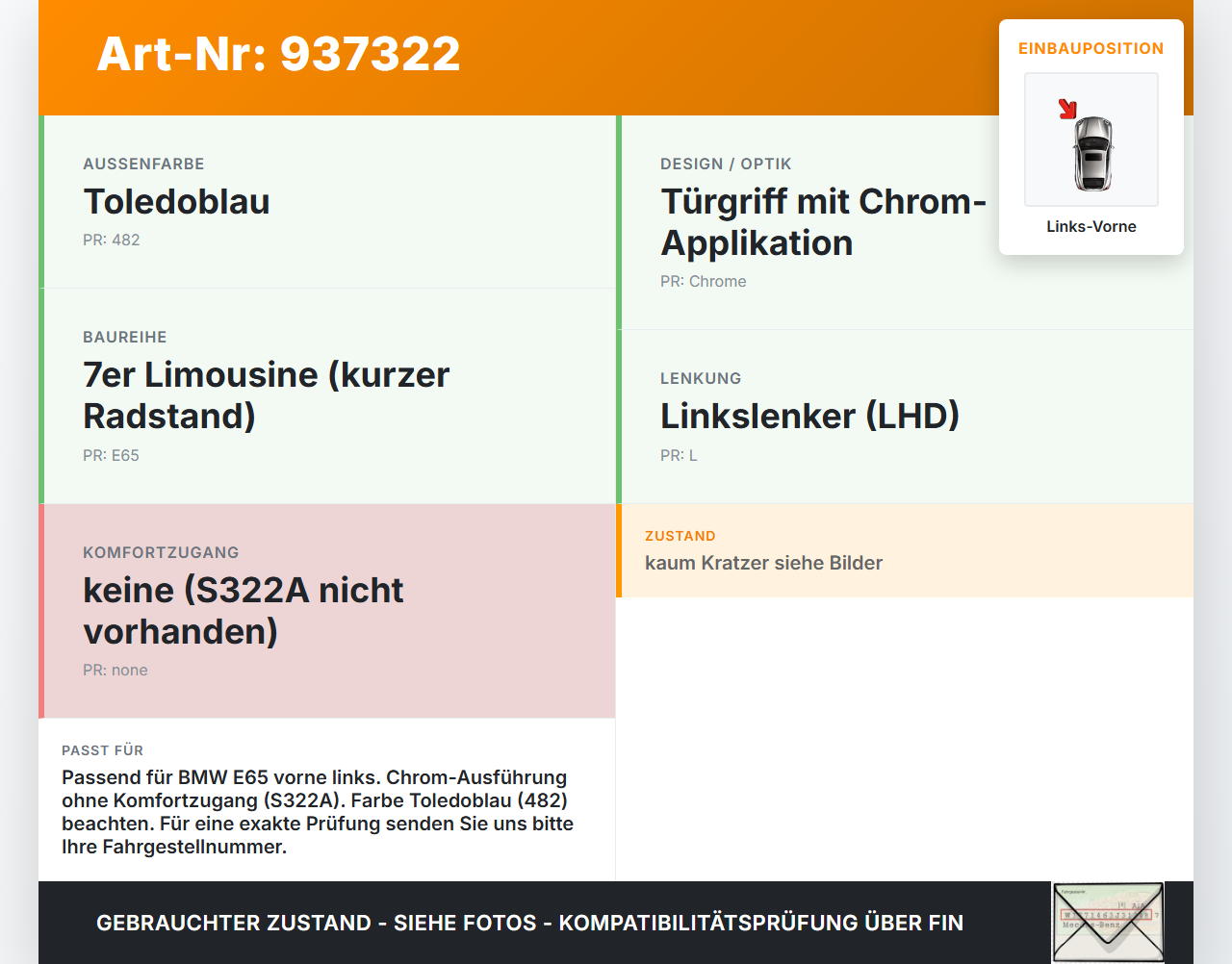 BMW E65 740i 05-08  Kurz Türgriff Griff Chrom aussen Links Vorne 482 BMW E65 740i 05-08 15.10.2007 15.688.410... Vorschau 3