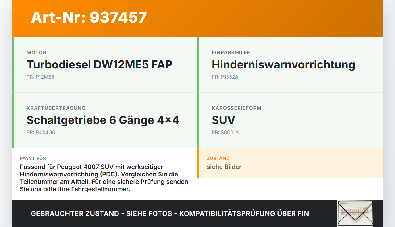 Peugeot 4007 07-12 HDI 2,2 115KW Warnton Summer für PDC Einparkhilfe Peugeot 4007 07-12 09.05.2012 5K6971502A gebraucht Vorschau 3