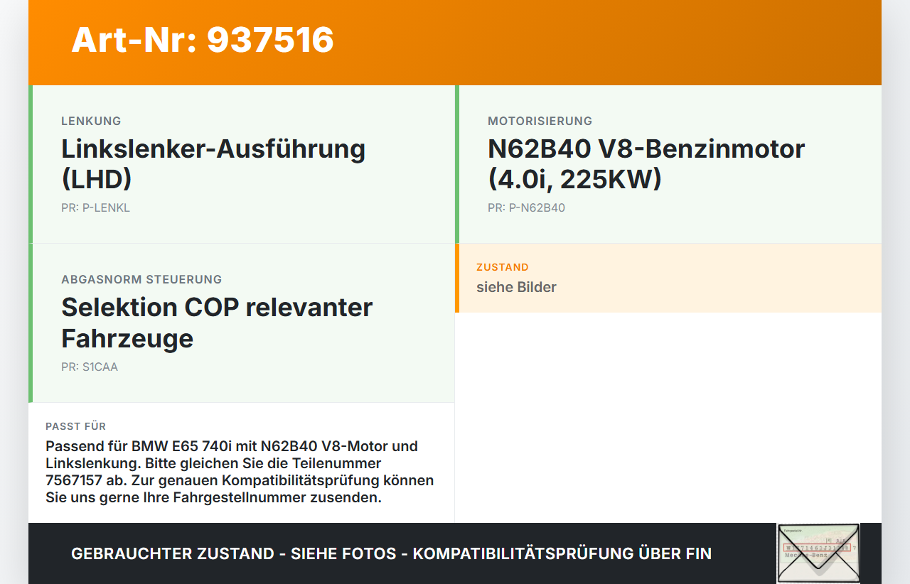 BMW E65 740i 05-08  4,0i 225KW Luftfilterkasten BMW E65 740i 05-08 15.10.2007 1371-7567157 7567157 gebraucht Vorschau 3