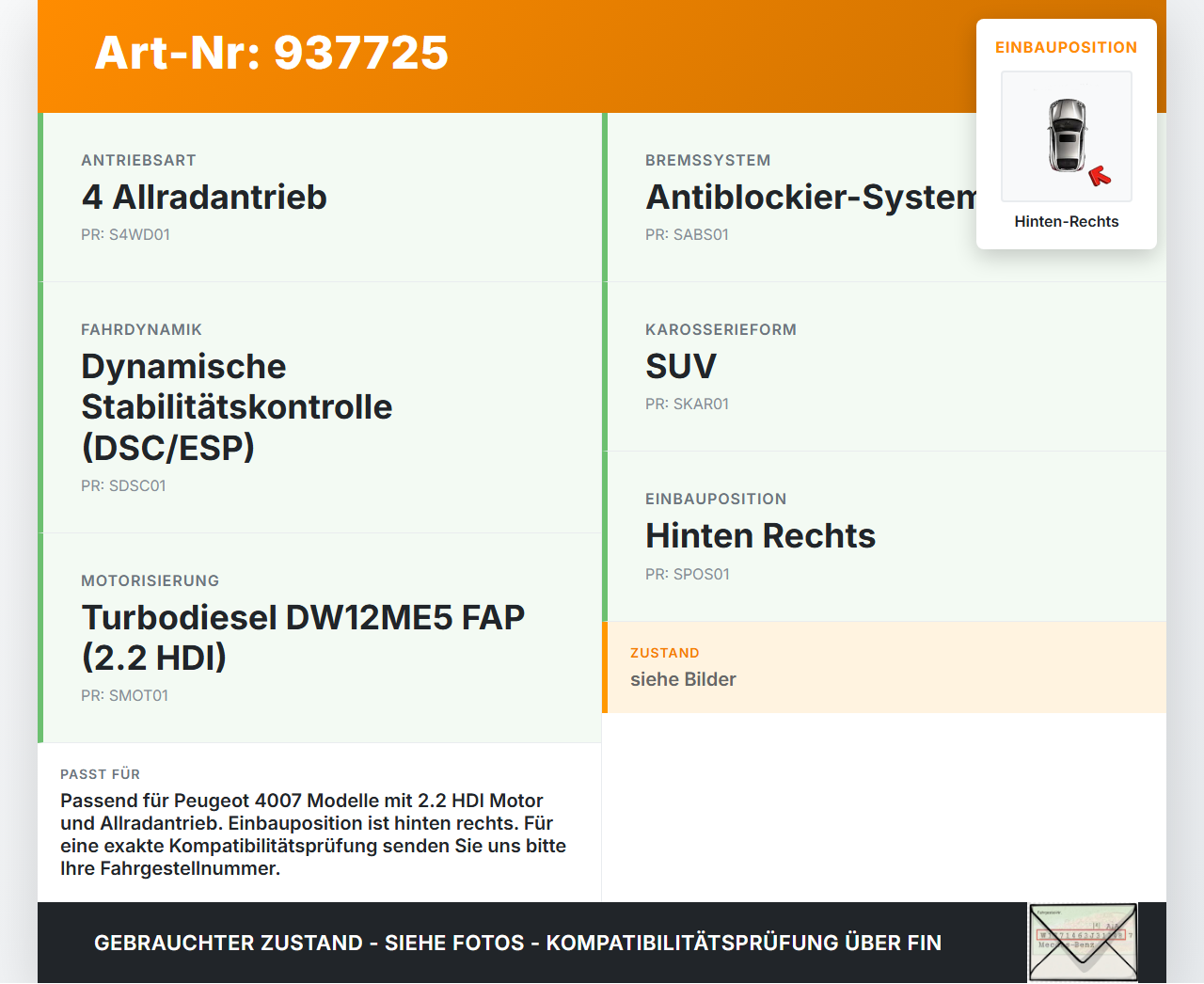 Peugeot 4007 07-12 HDI 2,2 115KW Bremssattel Bremszange Hinten Rechts Peugeot 4007 07-12 09.05.2012 4400V2 gebraucht Vorschau 3