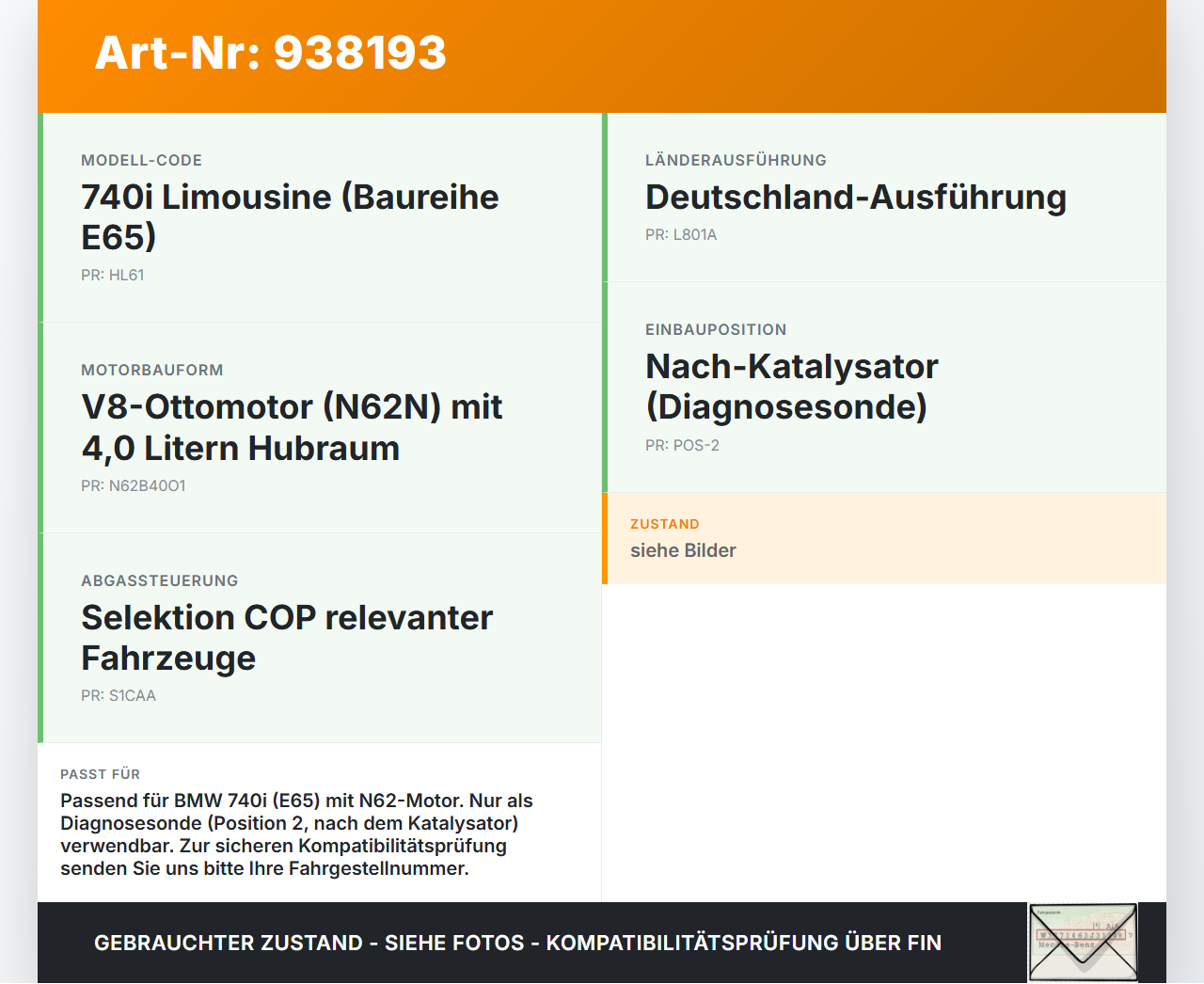 BMW E65 740i 05-08  4,0i 225KW Lambdasonde Bosch Sensor Pos.2 Schwarz BMW E65 740i 05-08 15.10.2007 1178-7561410... Vorschau 3