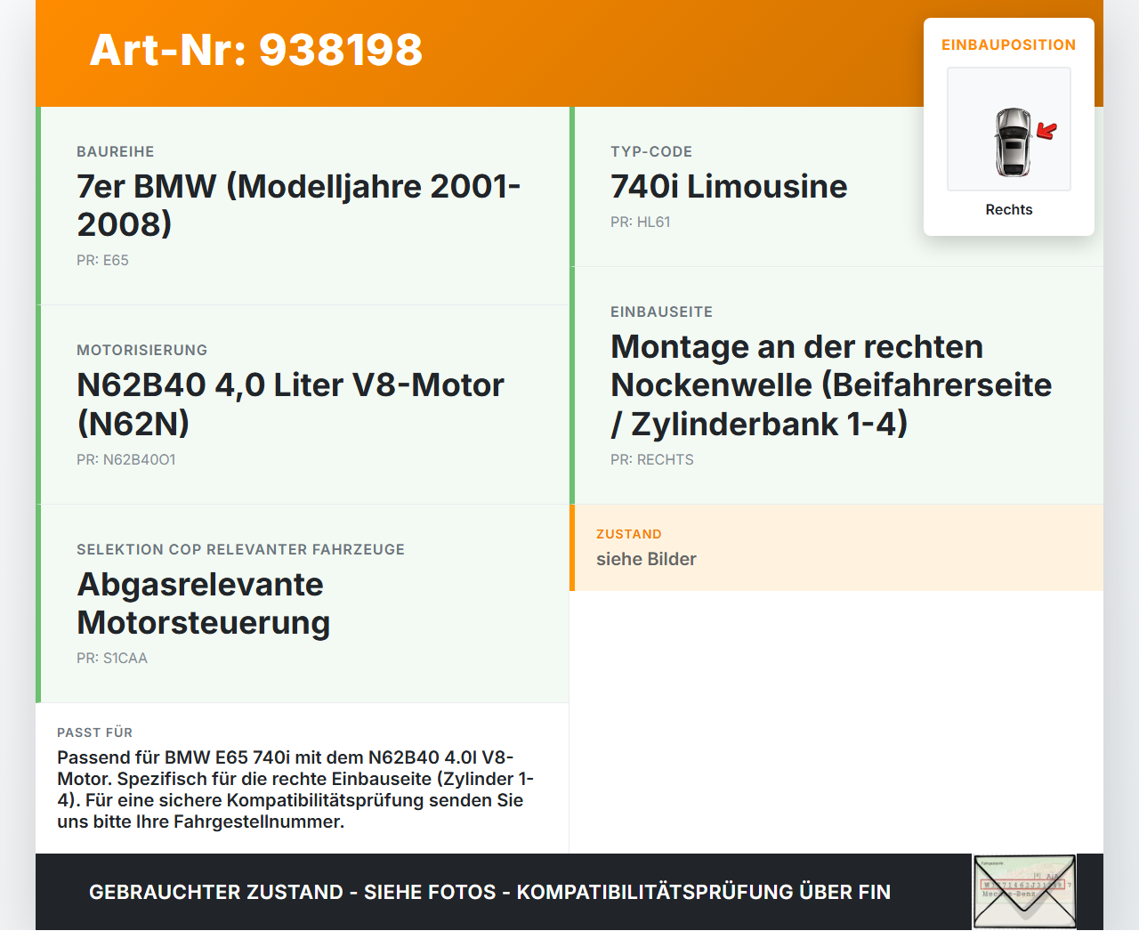 BMW E65 740i 05-08  4,0i 225KW N62B40A Nockenwellenverstellung Verstellung für Nockenwelle Rechts BMW E65 740i... Vorschau 3
