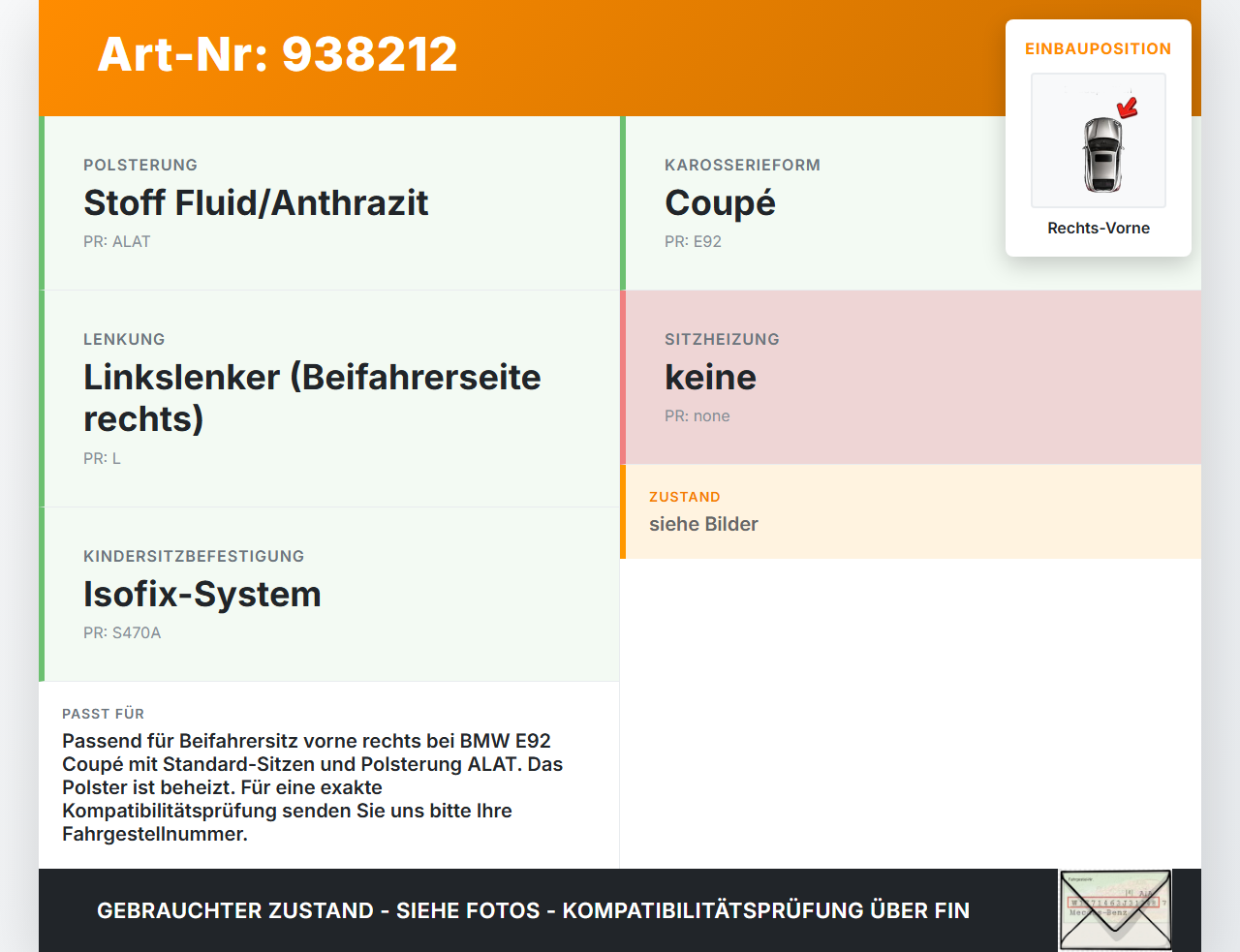 BMW E92 320i 05-08 Coupe Sitzpolster für Beifahrersitz Rechts Vorne beheizt BMW E92 320i 05-08 16.05.2008 7966557... Vorschau 3
