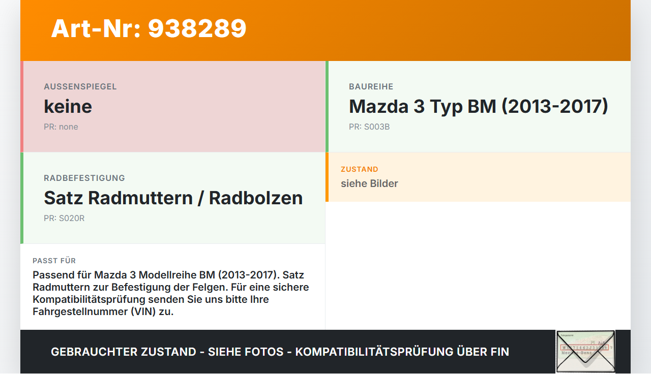 Mazda 3 BM 13-17 Satz Radmuttern Muttern Radbolzen Mazda 3 BM 13-17 18.09.2015 gebraucht Vorschau 3