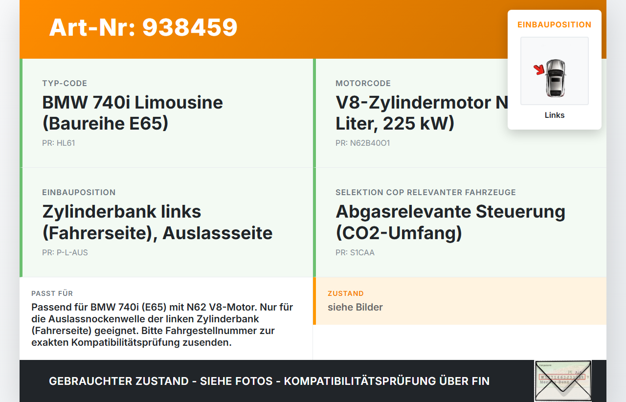 BMW E65 740i 05-08  4,0i 225KW N62B40A Nockenwellenverstellung Verstellung Links Auslass BMW E65 740i 05-08... Vorschau 3