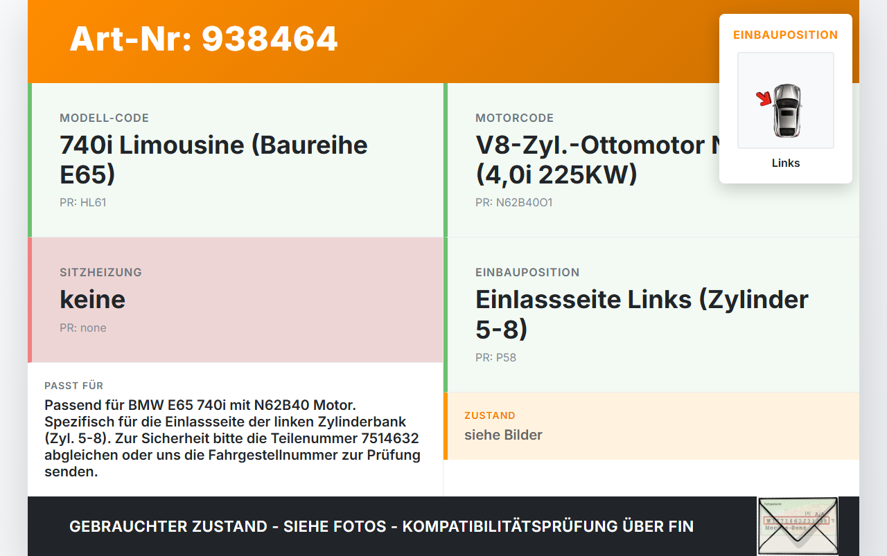 BMW E65 740i 05-08  4,0i 225KW N62B40A Nockenwelle Einlass Links 5-8 BMW E65 740i 05-08 15.10.2007 7570486... Vorschau 3