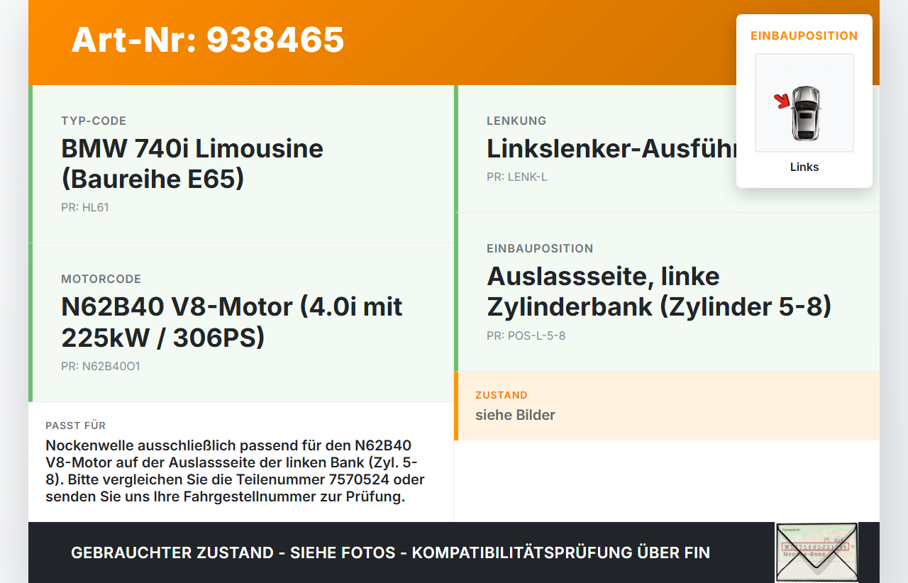 BMW E65 740i 05-08  4,0i 225KW N62B40A Nockenwelle Auslass Links 5-8 BMW E65 740i 05-08 15.10.2007 7570503... Vorschau 3