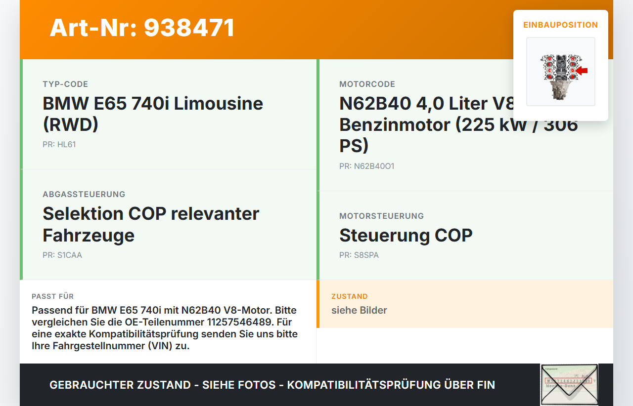 BMW E65 740i 05-08  4,0i 225KW N62B40A Kolben mit Pleuel Pos D BMW E65 740i 05-08 15.10.2007 1125-7546489 7546489... Vorschau 3