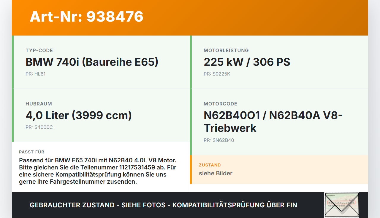 BMW E65 740i 05-08  4,0i 225KW N62B40A Kurbelwelle BMW E65 740i 05-08 15.10.2007 1121-7531459 7531459 gebraucht Vorschau 3