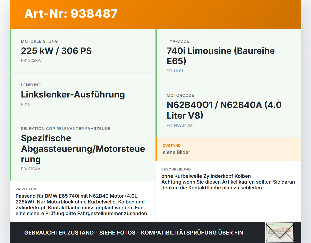 BMW E65 740i 05-08  4,0i 225KW N62B40A Motorblock für Motor BMW E65 740i 05-08 15.10.2007 1111-0396204 0396204 gebraucht Vorschau 3