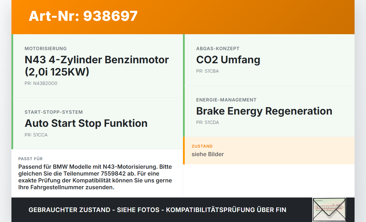 BMW E92 320i 05-08 2,0i 125KW Zündspule Zyl.2 BMW E92 320i 05-08 16.05.2008 7559842 12137559842 7559842-02 gebraucht Vorschau 3