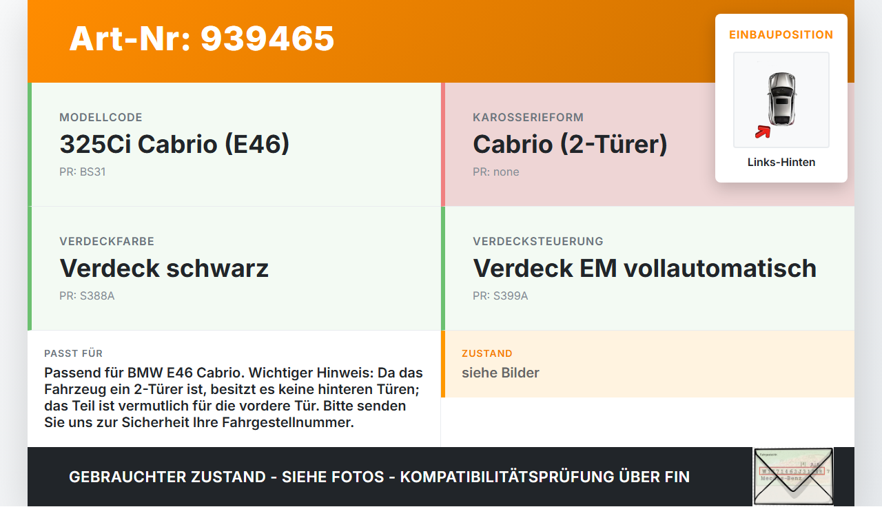 BMW E46 325CI 01-03 2,5i 141KW zylindergehäuse für Tür Links Hinten BMW E46 325CI 01-03 22.03.2001 8204285... Vorschau 3