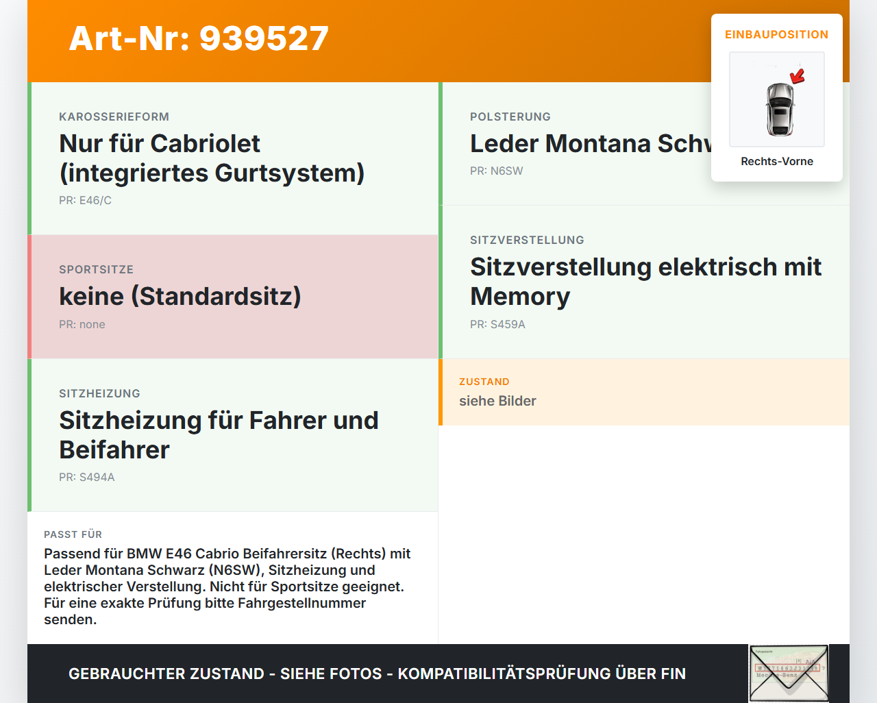 BMW E46 325CI 01-03 Cabriolet Sitzbezug Rückenpolster Rechts Vorne für Beifahrer Sitz BMW E46 325CI 01-03... Vorschau 3