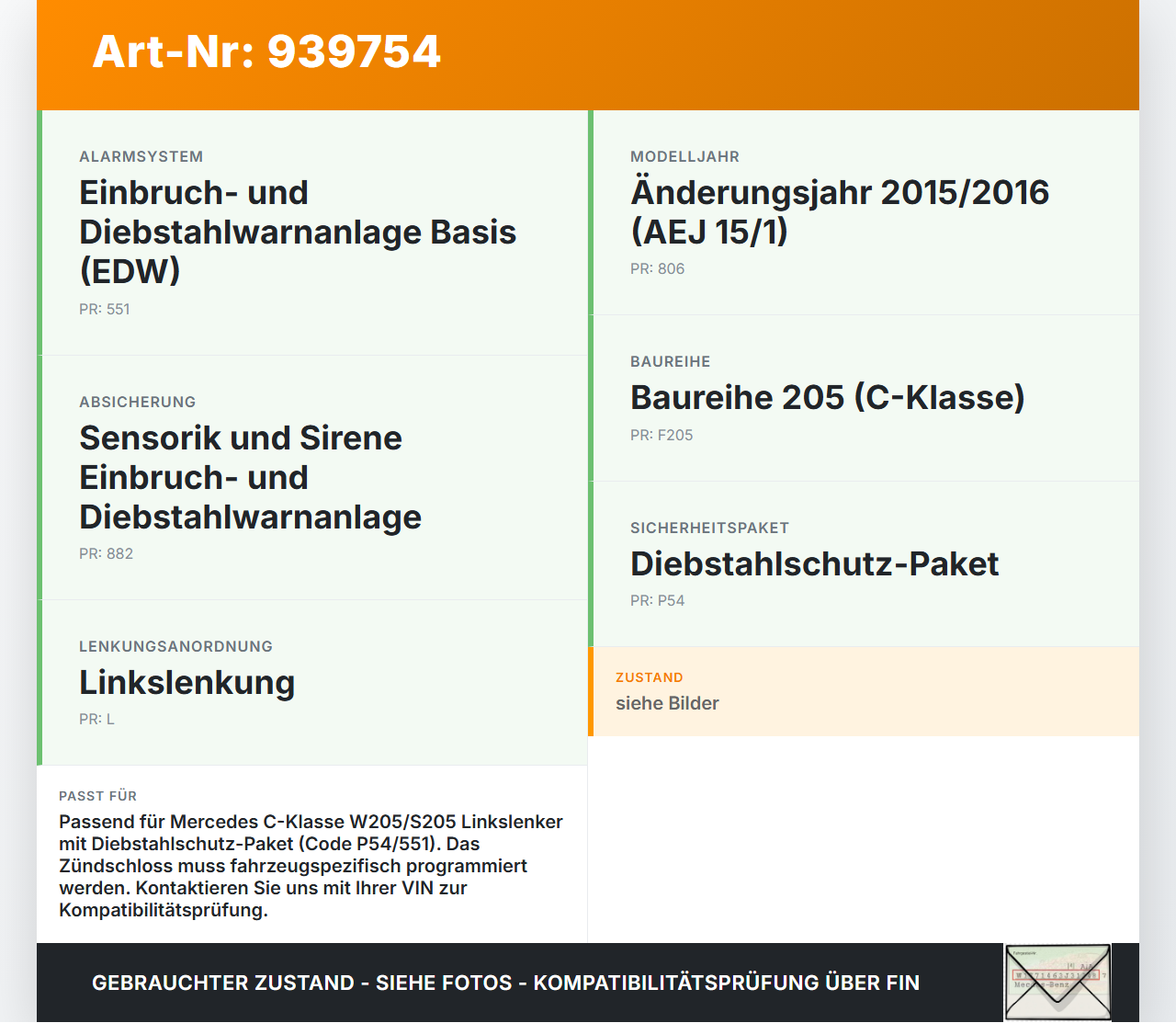Mercedes S205 W205 14-18 Zündschloss Schlüssel Mercedes S205 W205 14-18 09.05.2016 A2059007121 3332.5201-01 gebraucht Vorschau 3