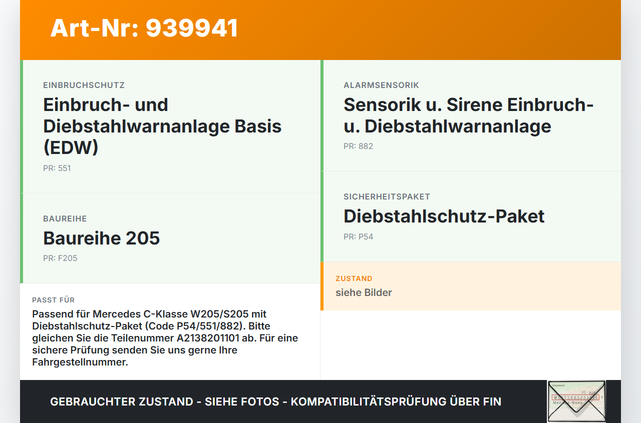Mercedes S205 W205 14-18 Alarmanlage Alarm Summer EDW Sirene Mercedes S205 W205 14-18 09.05.2016 A2138201101 gebraucht Vorschau 3