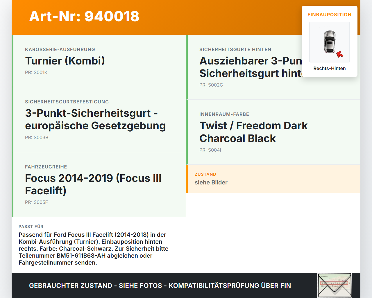 Ford Focus III 14-18 Kombi Gurt Sicherheitsgurt Rechts Hinten Ford Focus III 14-18 08.06.2015 BM51-611B68-AH... Vorschau 3