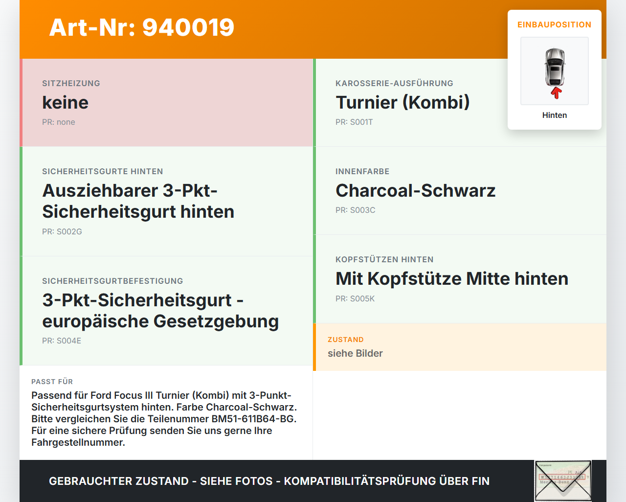 Ford Focus III 14-18 Kombi Gurtschloss Mitte Hinten Ford Focus III 14-18 08.06.2015 34070766 BM51-611B64-BG... Vorschau 3