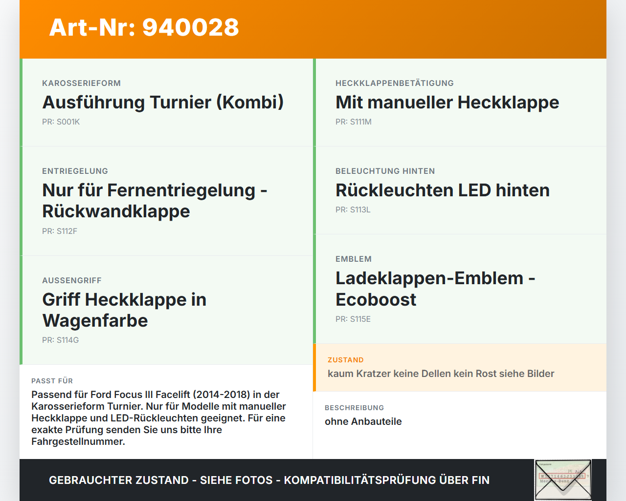 Ford Focus III 14-18 Kombi Heckklappe Kofferraumdeckel VF Ford Focus III 14-18 08.06.2015 PBM51-N40410-AC gebraucht Vorschau 3
