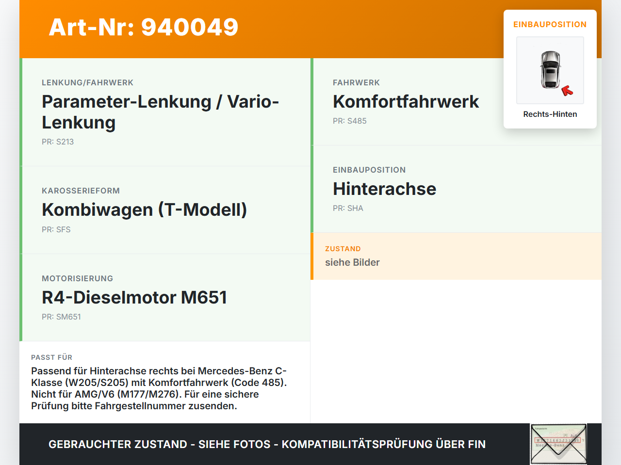 Mercedes S205 W205 14-18 Kombi CDI 2,2 100KW Achsschenkel Radnabe Rechts Hinten Mercedes S205 W205 14-18 09.05.2016... Vorschau 3