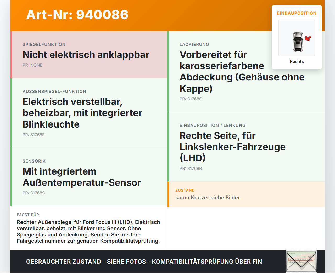 Ford Focus III 14-18 Spiegel Aussenspiegel Rechts VF Ford Focus III 14-18 08.06.2015 212876180 BM51-17682-JJ... Vorschau 3