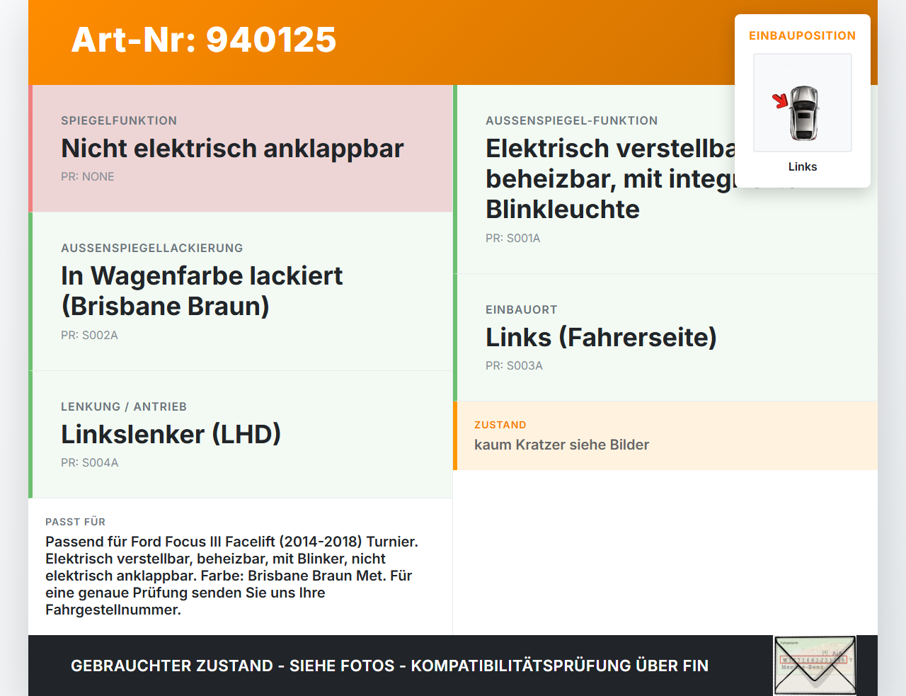 Ford Focus III 14-18 Spiegel Aussenspiegel Links VF Ford Focus III 14-18 08.06.2015 BM51-17683-JJ gebraucht Vorschau 3