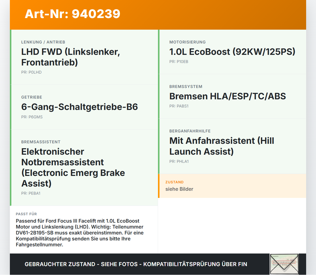 Ford Focus III 14-18 1,0 92KW Bremskraftverstärker Ford Focus III 14-18 08.06.2015 DV61-2B195-SB gebraucht Vorschau 3