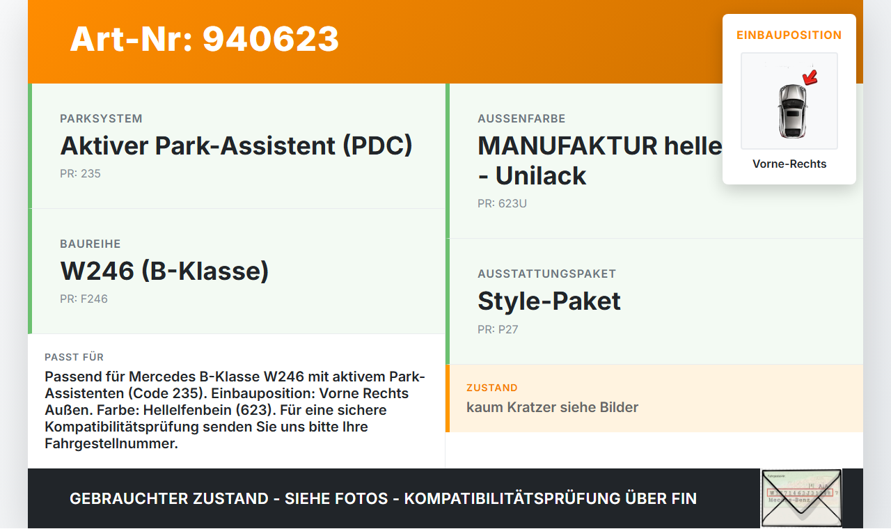 Mercedes W246 B180 14-18 Abstands Sensor Parksensor PDC Vorne Rechts Aussen Mercedes W246 B180 14-18 22.11.2016... Vorschau 3