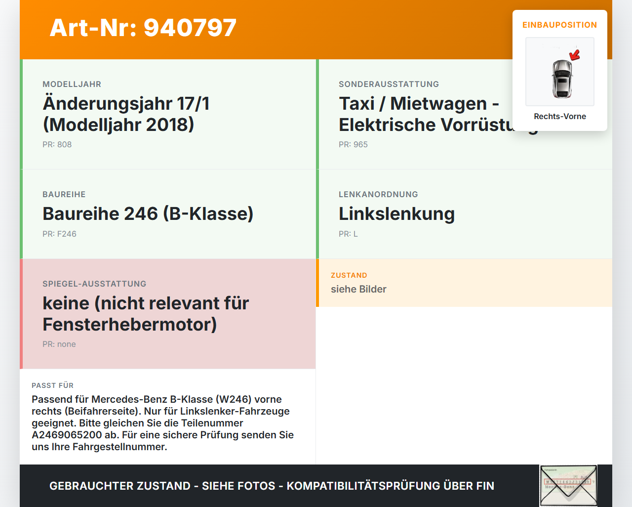 Mercedes W246 B180 14-18 Fensterhebermotor Rechts Vorne Mercedes W246 B180 14-18 22.11.2016 A2469065200 933866-101... Vorschau 3