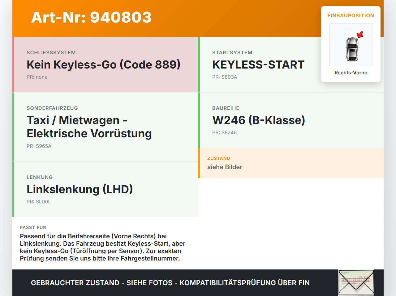 Mercedes W246 B180 14-18 Türschloss m. ZV Stellmotor Rechts Vorne Mercedes W246 B180 14-18 22.11.2016 A1667200435... Vorschau 3