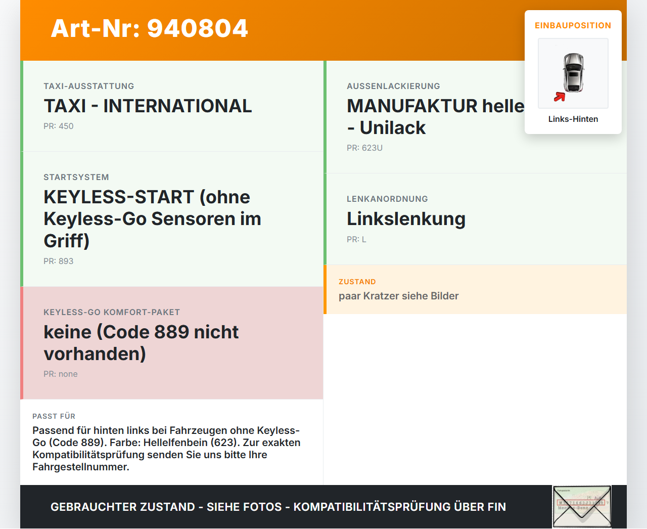 Mercedes W246 B180 14-18 Türgriff Griff aussen Links Hinten 623 Mercedes W246 B180 14-18 22.11.2016 A2047602134... Vorschau 3
