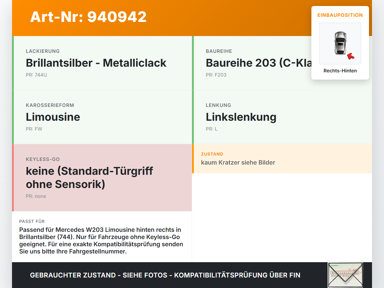 Mercedes W203 C220 01-04 Lim Türgriff Griff aussen Rechts Hinten 744 Mercedes W203 C220 01-04 29.03.2003... Vorschau 3